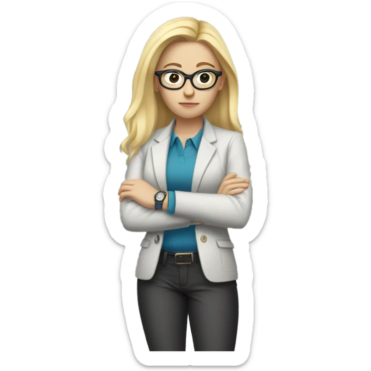 girl with white skin in a office jacket 
and glasses, blond hair, serious face, looking at her watch
 sticker