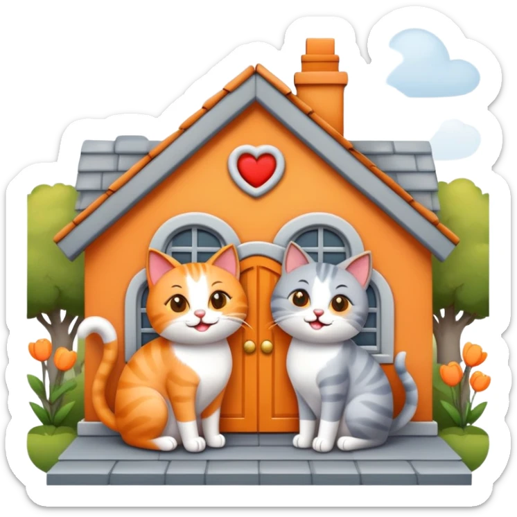two happy cats in love, orange and gray cats, with a house behind them that has a bow on the roof, emoji style sticker