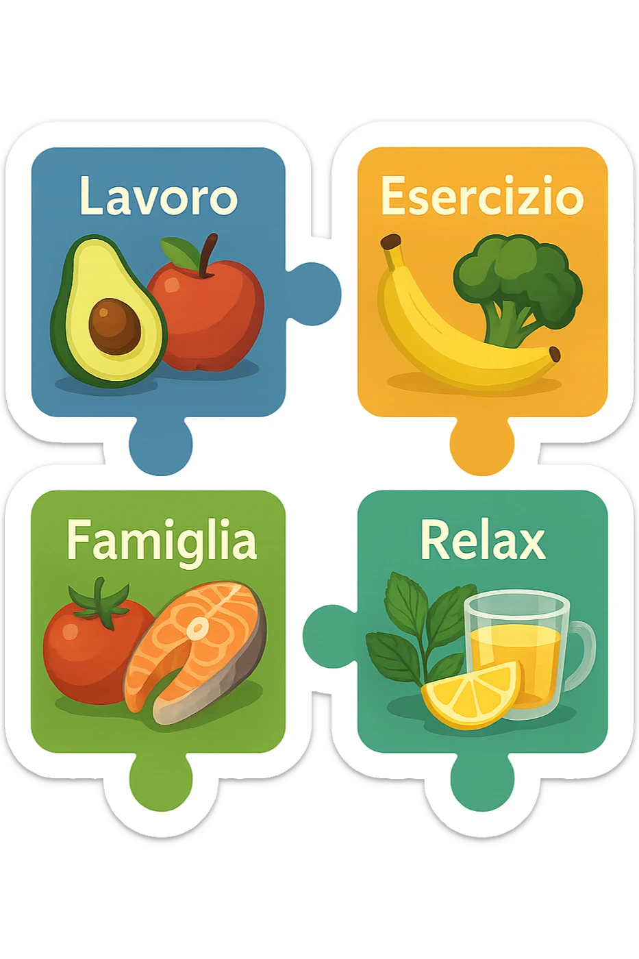 Puzzle (Lavoro, Esercizio, Famiglia, Relax), and healthy foods are integrated into each piece. in italiano sticker