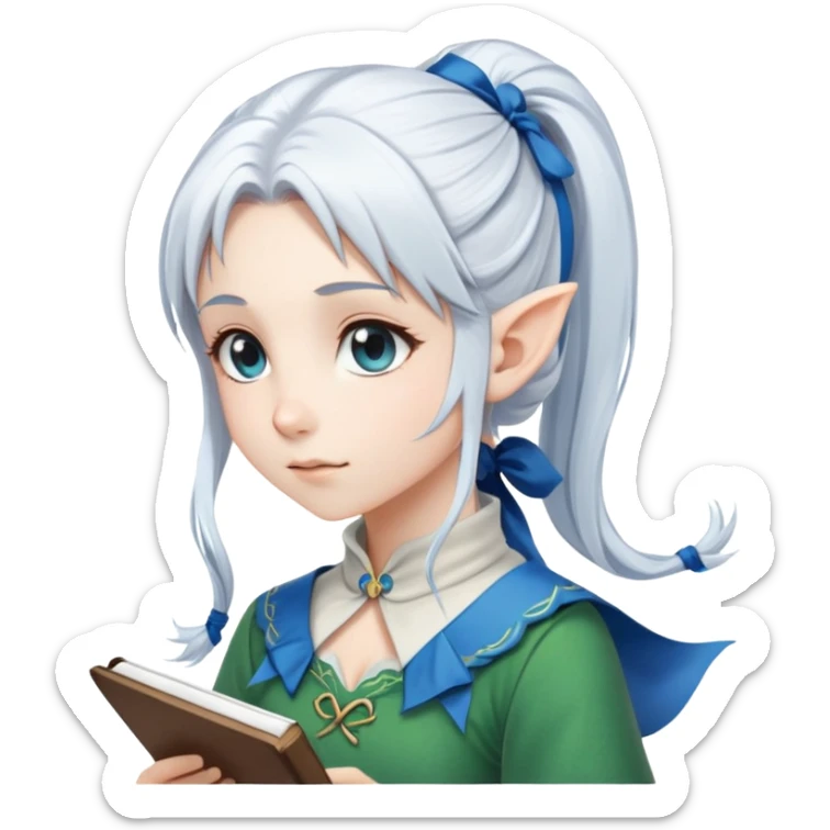 Anime style. A young elf girl with white hair worn in a ponytail held by an azure ribbon. She is taking notes. sticker