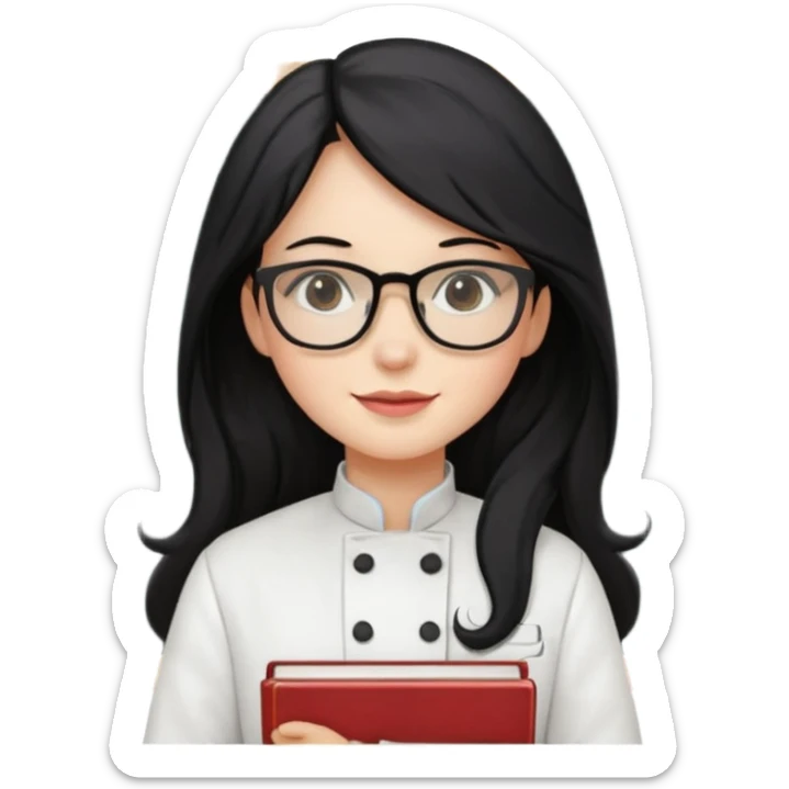 Profesora de pastelería, piel blanca con gafas y pelo negro largo y con una pizarra detrás y libros sticker