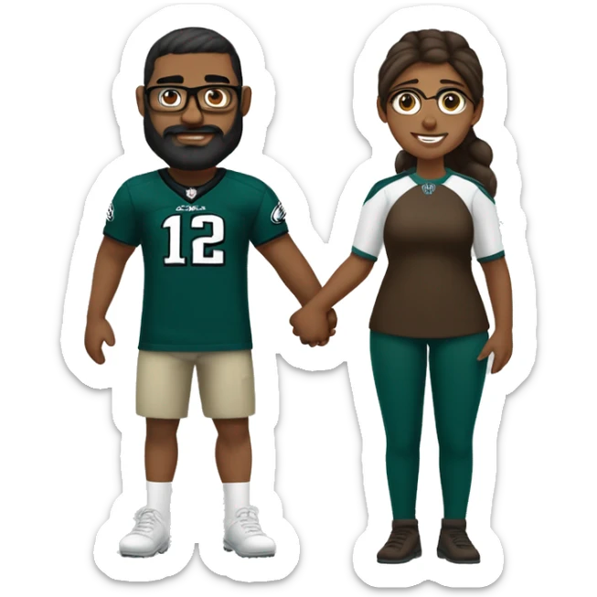 Heavy Brown guy no glasses with beard mustache and brown girl with glasses and her hair in a bun in Philadelphia eagles clothes holding hands sticker