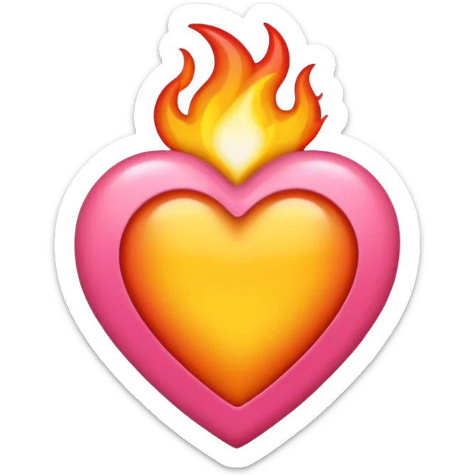 red-orange, yellow and bubblegum pink flaming heart, iPhone emoji style, transparent background sticker