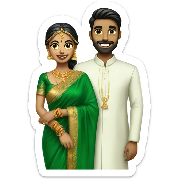 bride in green saree and groom in south indian dress sticker