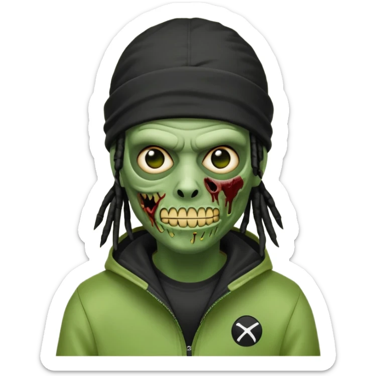 a zombie emoji with black dreads and a black nike jacket and black nike ski mask on his head sticker