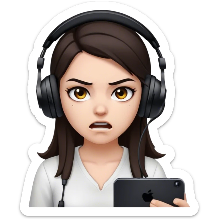 white girl with dark brown hair and a black gaming headset. she is angry at the game she is playing. sticker
