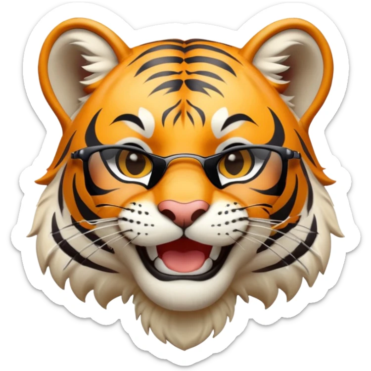 female energetic anthropomorphised tiger in sports clothes, wearing dark sunglasses, head and shoulders only, smiling sticker