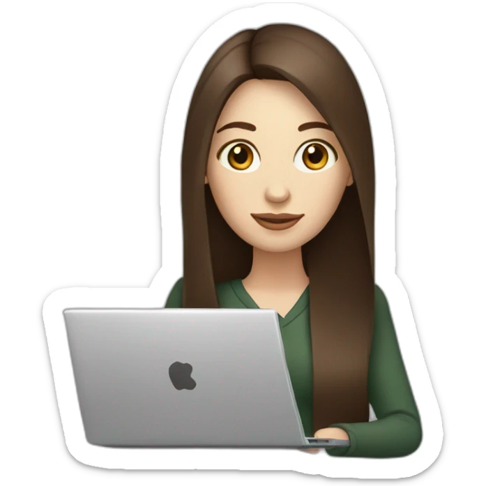 woman with long straight brown hair and pale skin holding a coffee mug on top of a laptop sticker