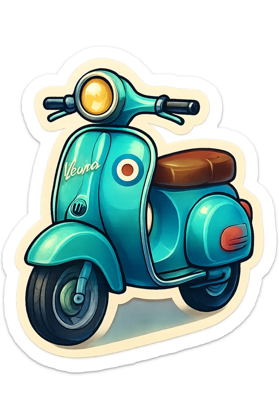 A Vespa scooter icon in a retro style, with a pastel blue body, vintage decals, and a classic round headlight. sticker