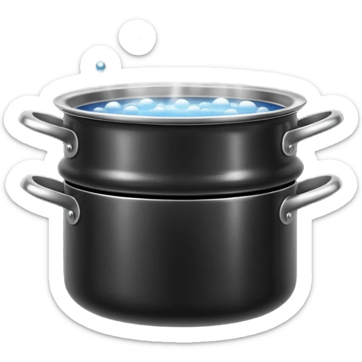 black small metal pot filled with boiling water on a stove, visible hot steam and rising bubbles, realistic heat effect, shiny pot surface, bright lighting, clean white background sticker