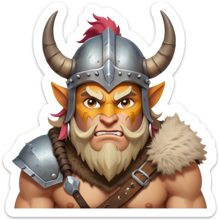 Clash of Clans style: Cinematic Fierce Barbarian Portrait Emoji, Poised and bold with a rugged, cartoonish build in tattered furs and a whimsical horned helmet, bright expressive eyes and a confident smirk, Simplified yet dynamic features, highly detailed, glowing with a vivid, adventurous aura, high shine, heroic and spirited, stylized with an air of medieval warrior charm, focused and energetic, soft glowing outline, capturing the essence of a fearless barbarian adventurer ready to lead his clan with spirited valor! sticker