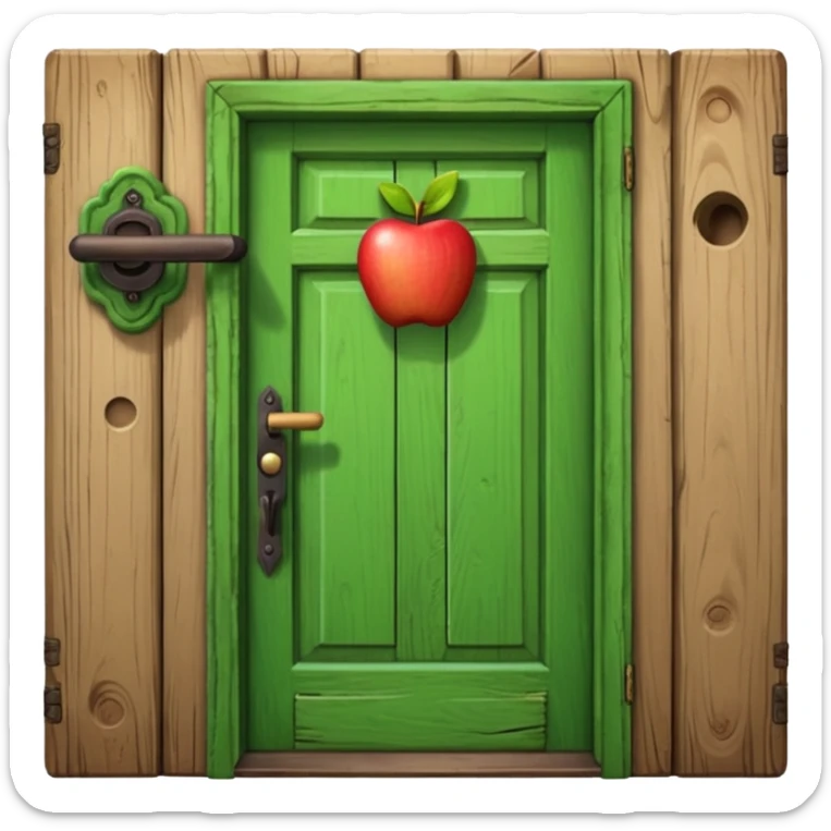 A wooden green door emoji in the style of Apple emoji with a handle sticker