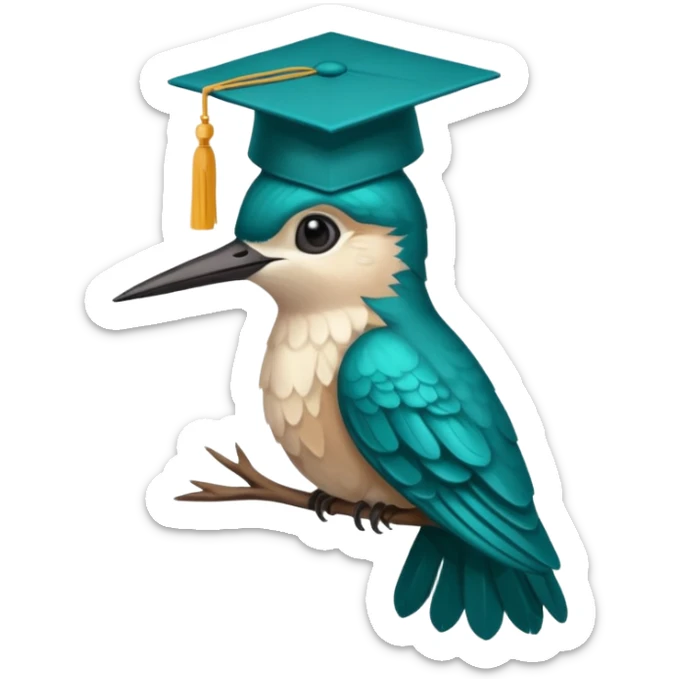 Un colibri con birrete de graduación y que el colibrí sea turquesa oscuro, que este se vea bastante realista  sticker