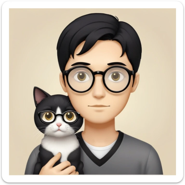 A young man with a long face and warm yellow-toned skin, featuring black hair styled in a back-length cut and large eyes framed by black thin-rimmed square-round glasses,cradling a grayish-white cat. （only one cat!!） sticker