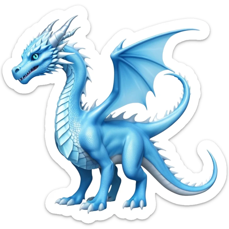 Cinematic Noble wise elegant Ice Dragon full body  Emoji, Poised and imposing, distinct long elegant snout, with a slender, scaled body shimmering in glacial hues of icy blue, frostbitten silver, and crystalline white, breathing out frost, with piercing, glowing ice blue white eyes that radiate the chilling depths of an arctic storm; rendered in detail. excuding wisdom sticker