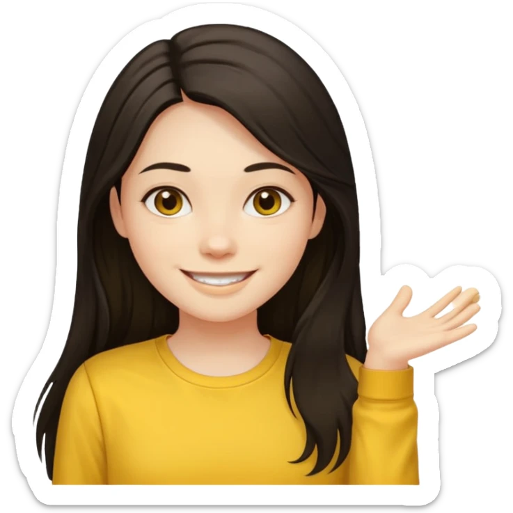 girl on a laptop, long dark hair white skin and yellow shirt long sleeves sticker