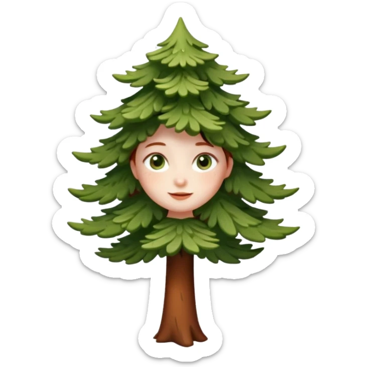 Un petit sapin vert sylvestre, féminin, regard malicieux, tâches de rousseurs délicates, joues roses. Yeux de biche brillants en forme amande, yeux couleur ambre, tronc couleur acajou. Sapin en mouvement, incurvé pour un effet vivant. Style meoji. sticker