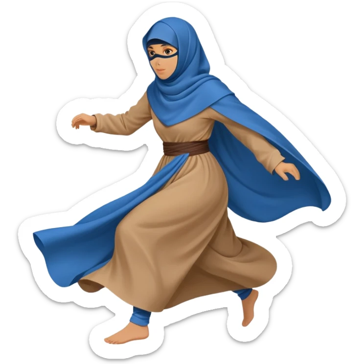 person in a blue niqab with billowing, loose clothing, running, side view sticker