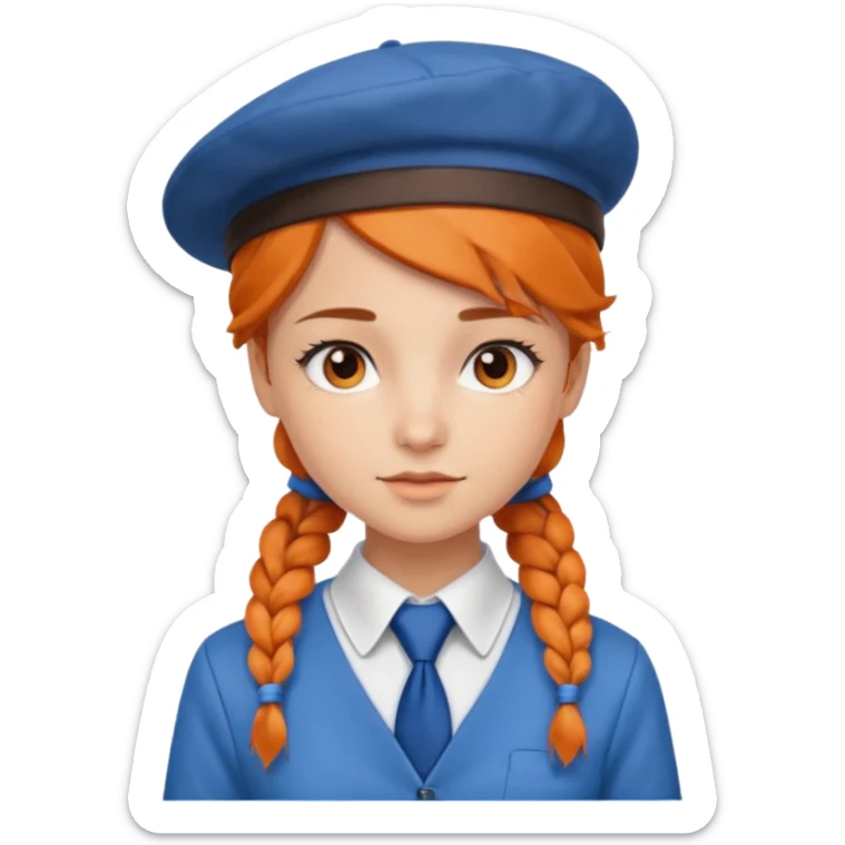 orange braided hair girl, wearing white shirt, Blue Necktie and a brown berret Hat sticker