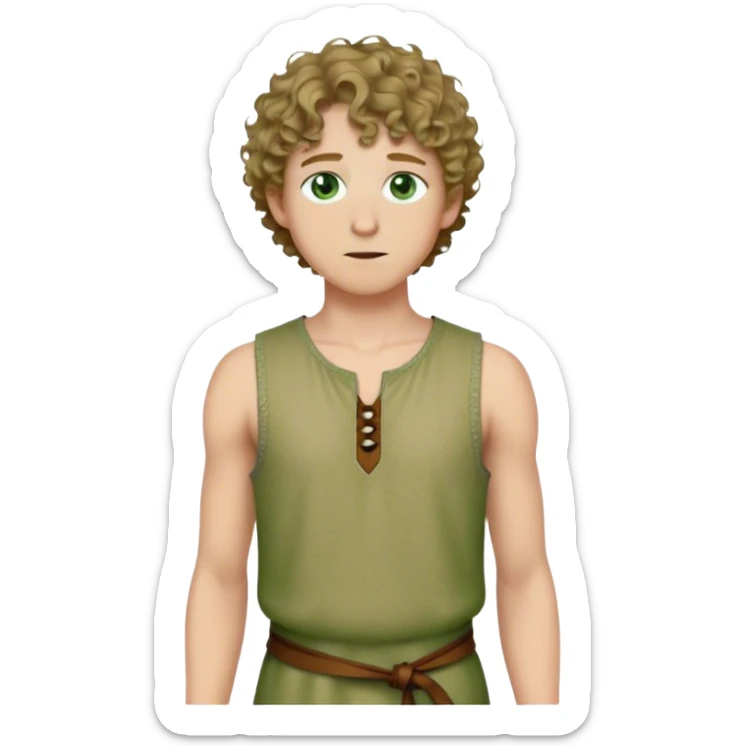 medieval summer outfit worn by a DnD themed fantasy male character. thin, sleeveless wool tunic with a small keyhole opening at the neckline, tied shut with a leather string. clothes only above the waist. The clothes full waist. The character's haven't arms. character is white-skinned, dark blonde hair, green eyes, short curly hair. sticker