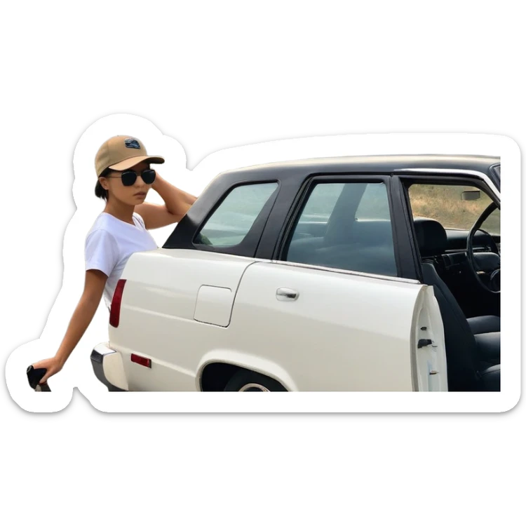 A person stands outside of to a car parked on the side of a long, open road. The sky ahead is clear and glowing, full of possibilities. One hand is on the steering wheel, the other points forward. The rearview mirror reflects storm clouds, but the windshield shows mountains ahead.  sticker