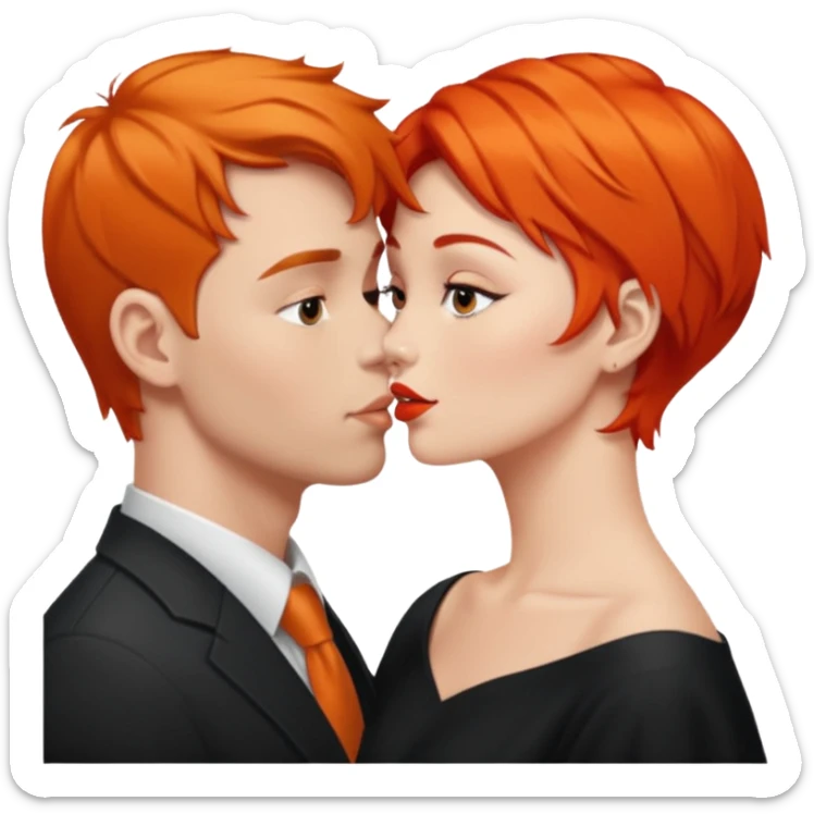 simulación de beso entre hombre blanco y pelo cagé con una mujer de pelo naranja sticker