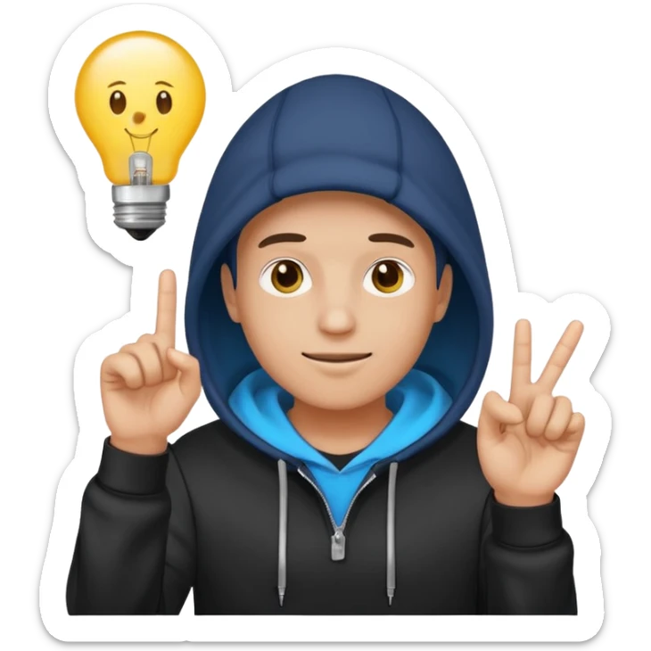 person in a hoodie, startup founder vibe, light bulb above head, finger up, emoji style sticker