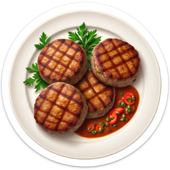 Cinematic Realistic image of Turkish Köfte, presented as perfectly formed, spiced meat patties with detailed textures and subtle grill marks, arranged artfully on a simple plate and illuminated by warm, appetizing lighting that accentuates their savory appeal. sticker