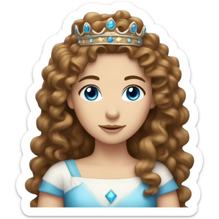 Long Curly brown hair, blue eyed, White girl, wearing a crown  sticker