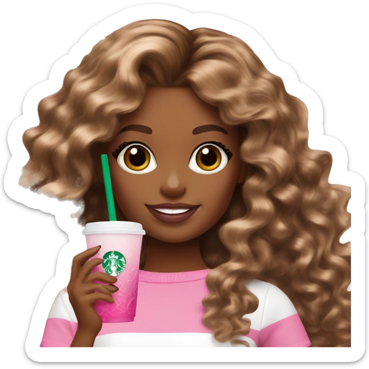 Barbie girl with brown and blonde ombré long curly hair holding Pink starbucks refresher sticker