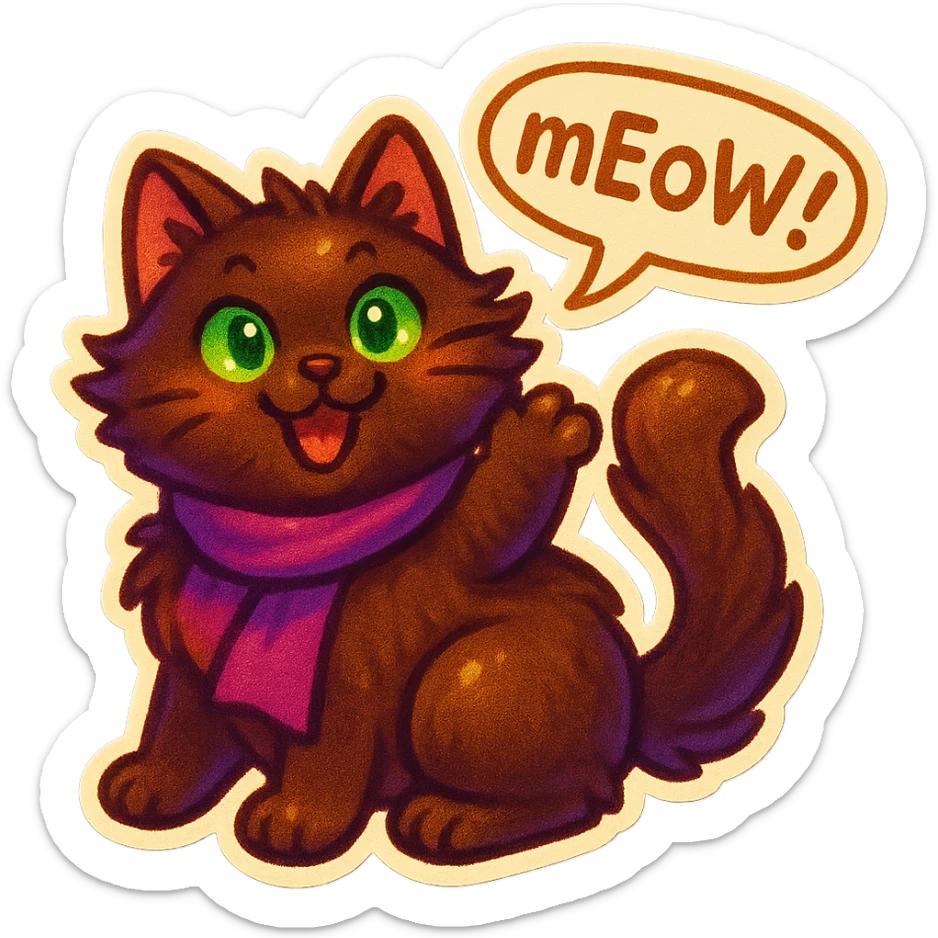 Fluffy cute playfull silly smiling happy dark-brown cat with green eyes and a purple scarf saying ‘mEoW~!’ (With a speech bubble) sticker