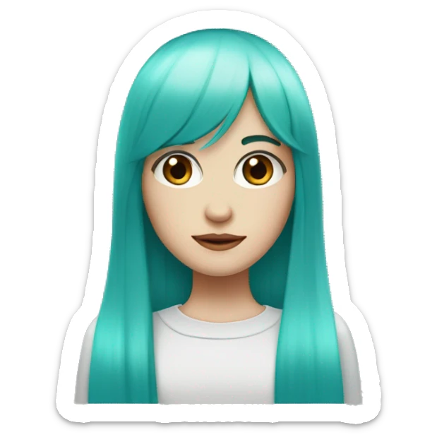 A female with pale skin and very long hair with straight hair and turquoise hair and very straight bangs straight hair crimson eyes red eyes sticker