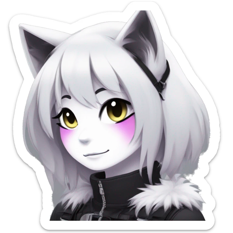 Gorgeous furry dark punk techwear anime style anthro black cat fursona with blushing face aesthetic and pretty edgy black with collar and harness trending style sticker
