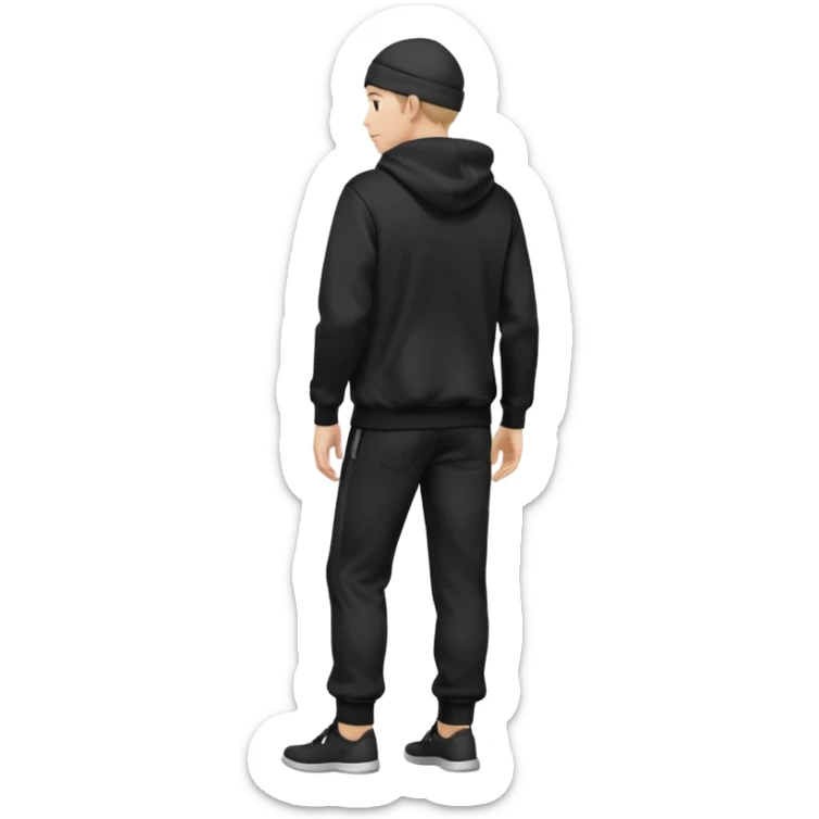 fullbody caucasian man in black hoodie on head, hands in pockets and black pants rear backview sticker