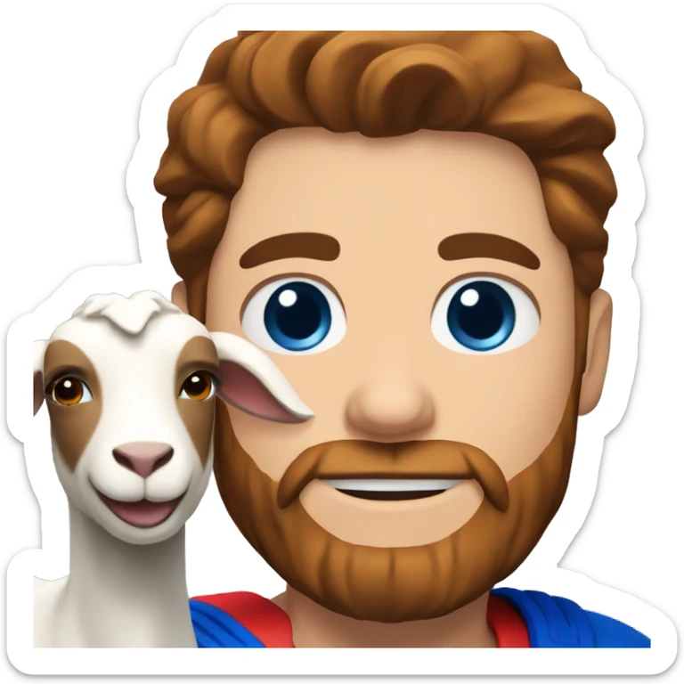 Man holding a goat, redish brown hair redish beard, blue eyes, wearing a superman outfit sticker