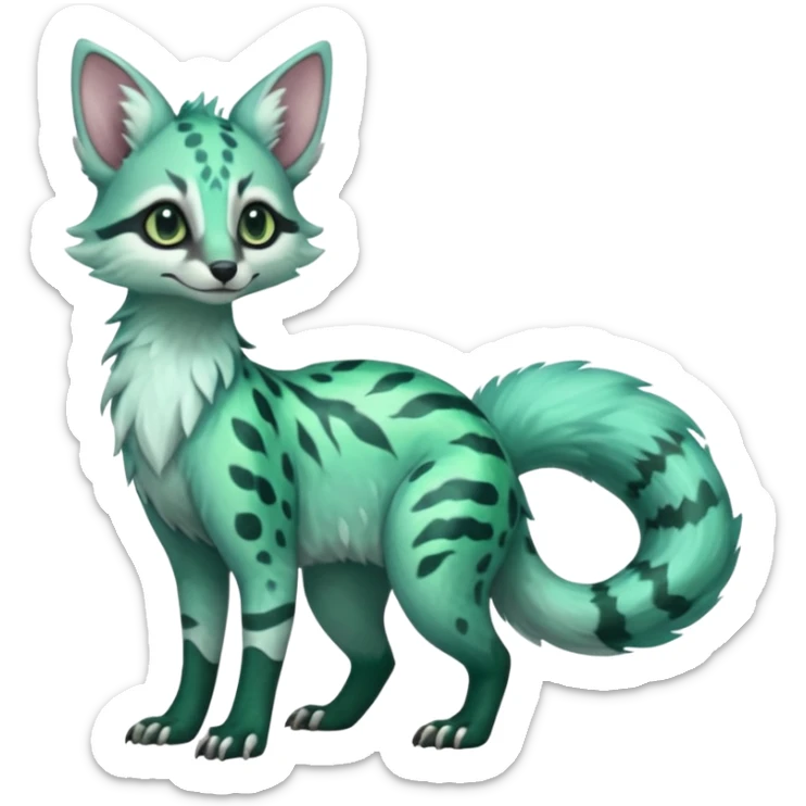 Shiny glossy colorful iridescent Feral Rare Fantasy minty-cyan pastel-seafoam-green Hunter-forest-green  Vernid-Sergal-Genet-Trico-species by LiLaiRa, random markings, tufted tail, tufted ears, full body sticker