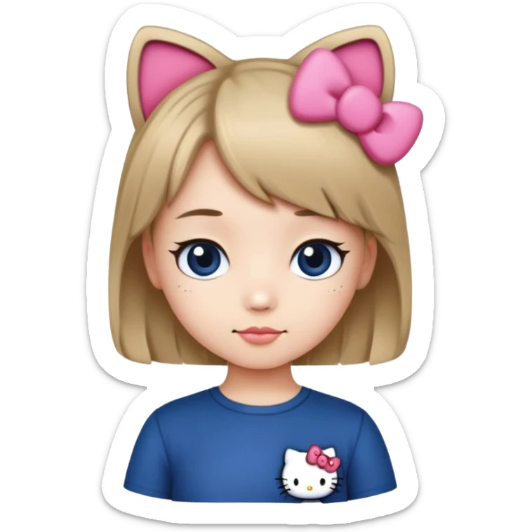 Girl with short dark Blondie hair, Dark BLUE shirt with Hello Kitty custume  sticker