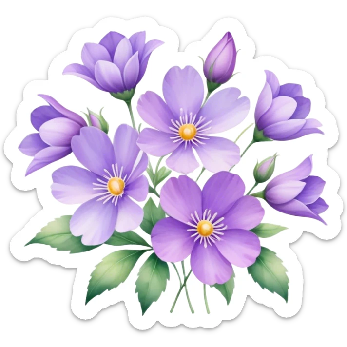 "A collection of delicate purple flowers in a soft watercolor style." sticker