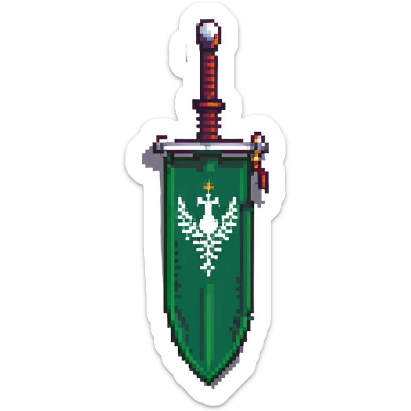Saudi Arabia flag with green background, white Arabic inscription and sword in pixel art style sticker