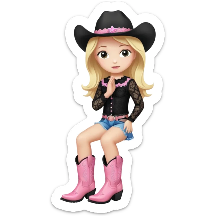 blonde girl in a black lace top in sparkling pink cowgirl boots praying   sticker