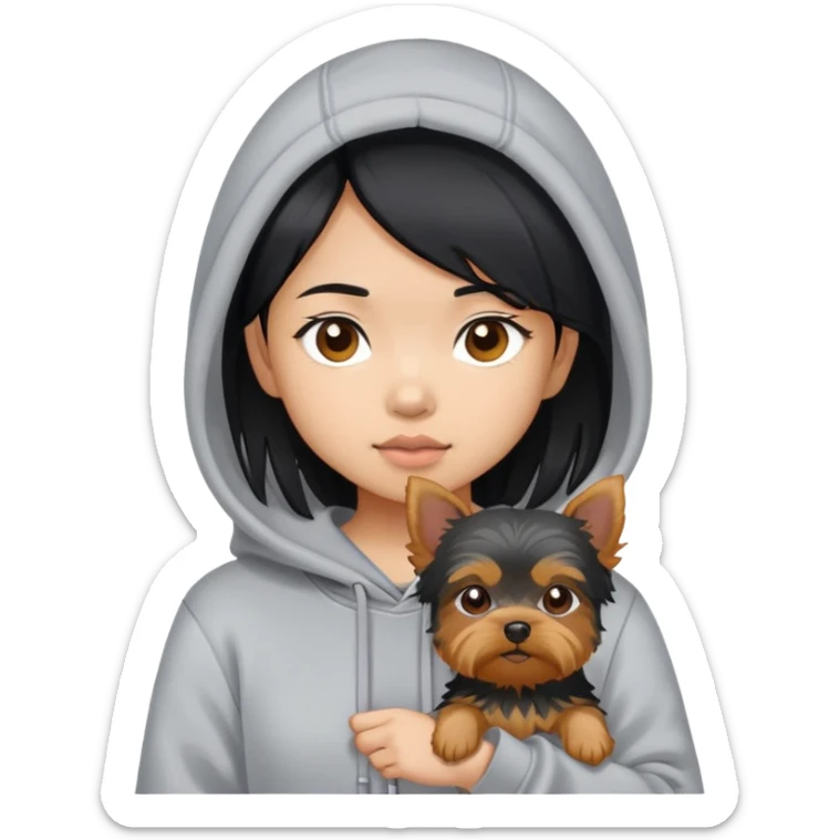 a black-haired asian girl wearing a grey hoodie with a yorkie  sticker
