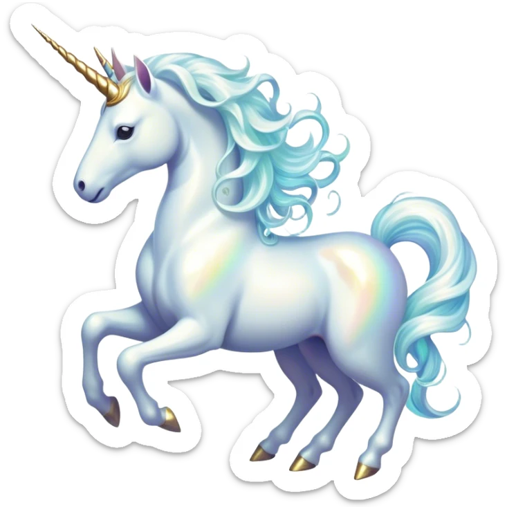 Cinematic Noble White Unicorn Portrait Emoji, Poised and regal, with a slender, ethereal form draped in a pristine white color, a flowing mane and tail, and a glistening, spiraled horn that radiates pure light, Simplified yet sharp and sophisticated features, highly detailed, glowing with a soft, iridescent luminescence, high shine, intelligent and transcendent, stylized with an air of mythical enchantment, focused and serene, soft glowing outline, capturing the essence of a watchful and confident white unicorn that appears ready to prance out of the screen with magical grace! sticker