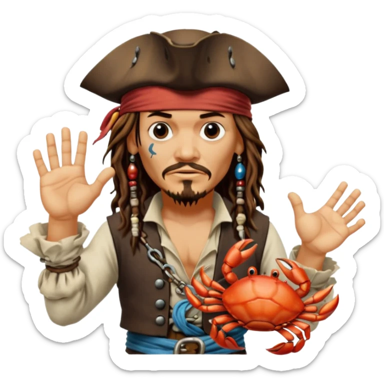 jack sparrow from the film pirates of the caribbean, shooo-ing the stone-crab.
- jack is looking to the left, hands mimicing to the left
 sticker