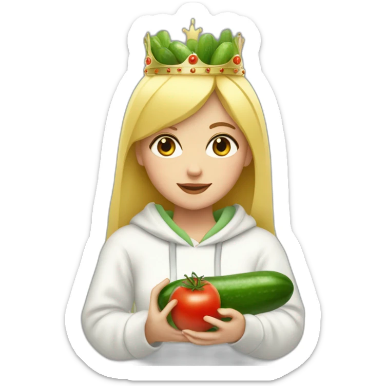blonde girl  eating  cucumber and tomatoes with white hoodie iridescent and a crown princess sticker