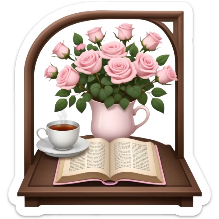 A cozy reading nook with an open book, a steaming cup of tea, and a bouquet of pale pink roses. sticker