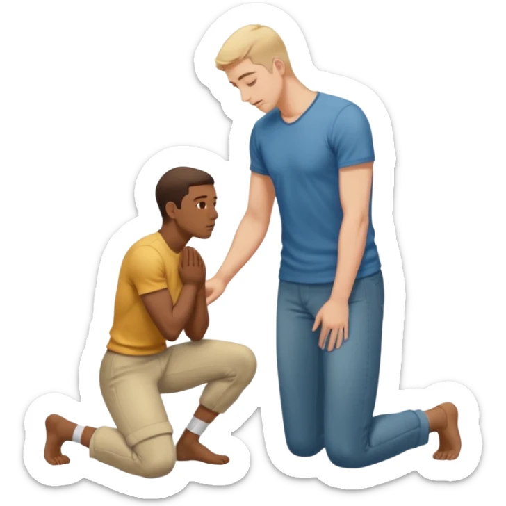 one guy standing up and the other guy is on both of his knees in front of said guy standing up who is loookg down at him and guy on knees is looking up at him sticker