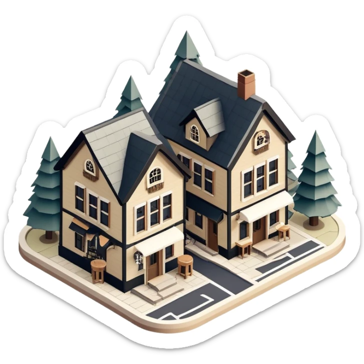Isometric exterior little black, beige, and white mountain resort town brewery, dollhouse style 3D realistic  sticker