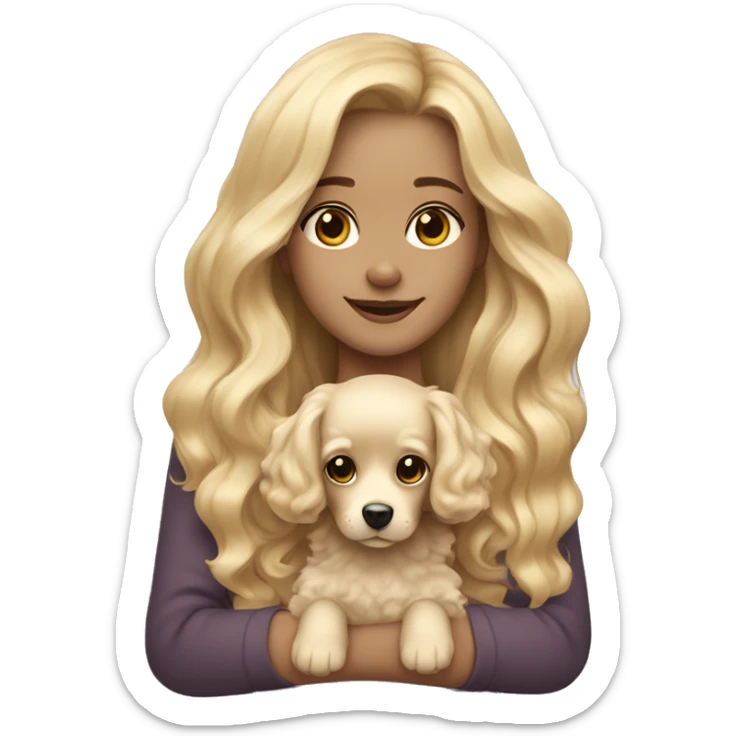 blonde long wavy hair girl holding a cute multipu dog with short ears wavy fur sticker