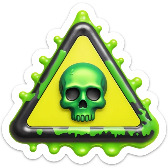 3D render of Oil Slick, toxic waste aesthetic, neon green bubbling liquid, caution yellow metal, industrial warning texture. sticker