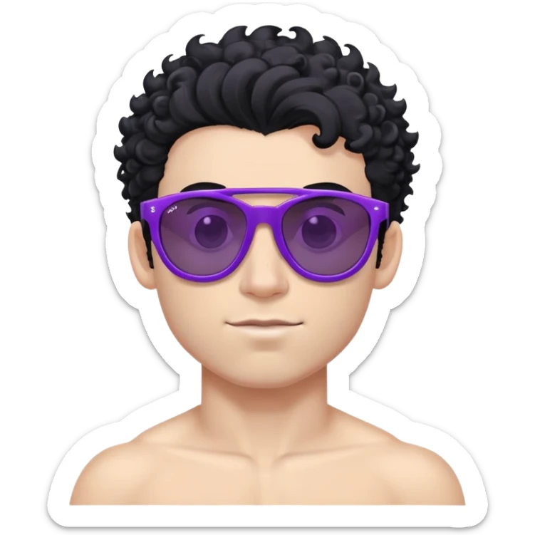 shirtless male athlete with white skin and moderately curly black hair on top with shaved sides, wearing purple sunglasses with black tinted lenses sticker